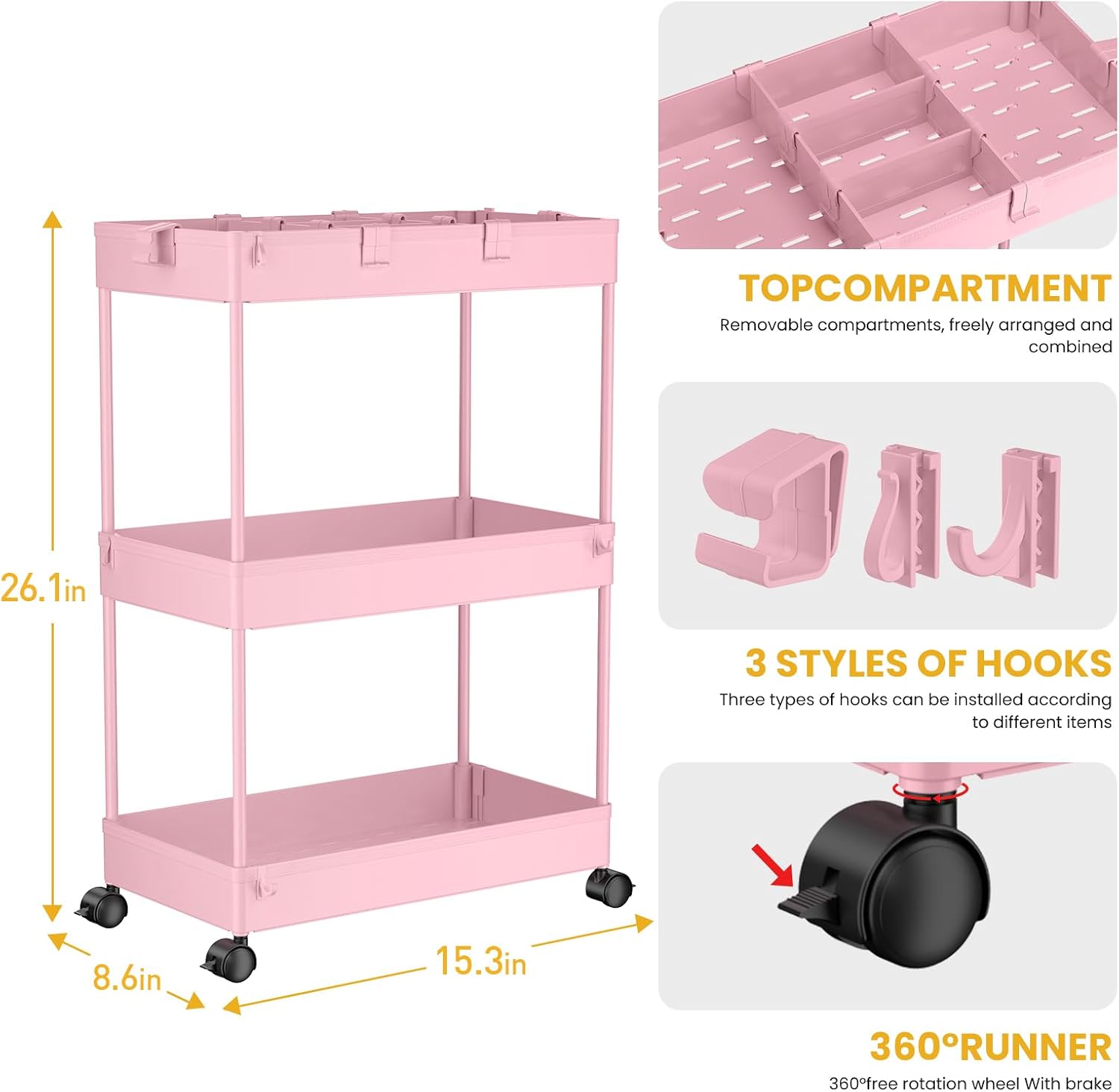 SPACELEAD 3 Tier Rolling Cart