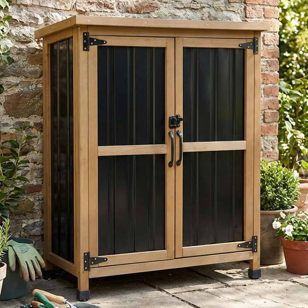 Brown Wood Metal Outdoor Storage Cabinet