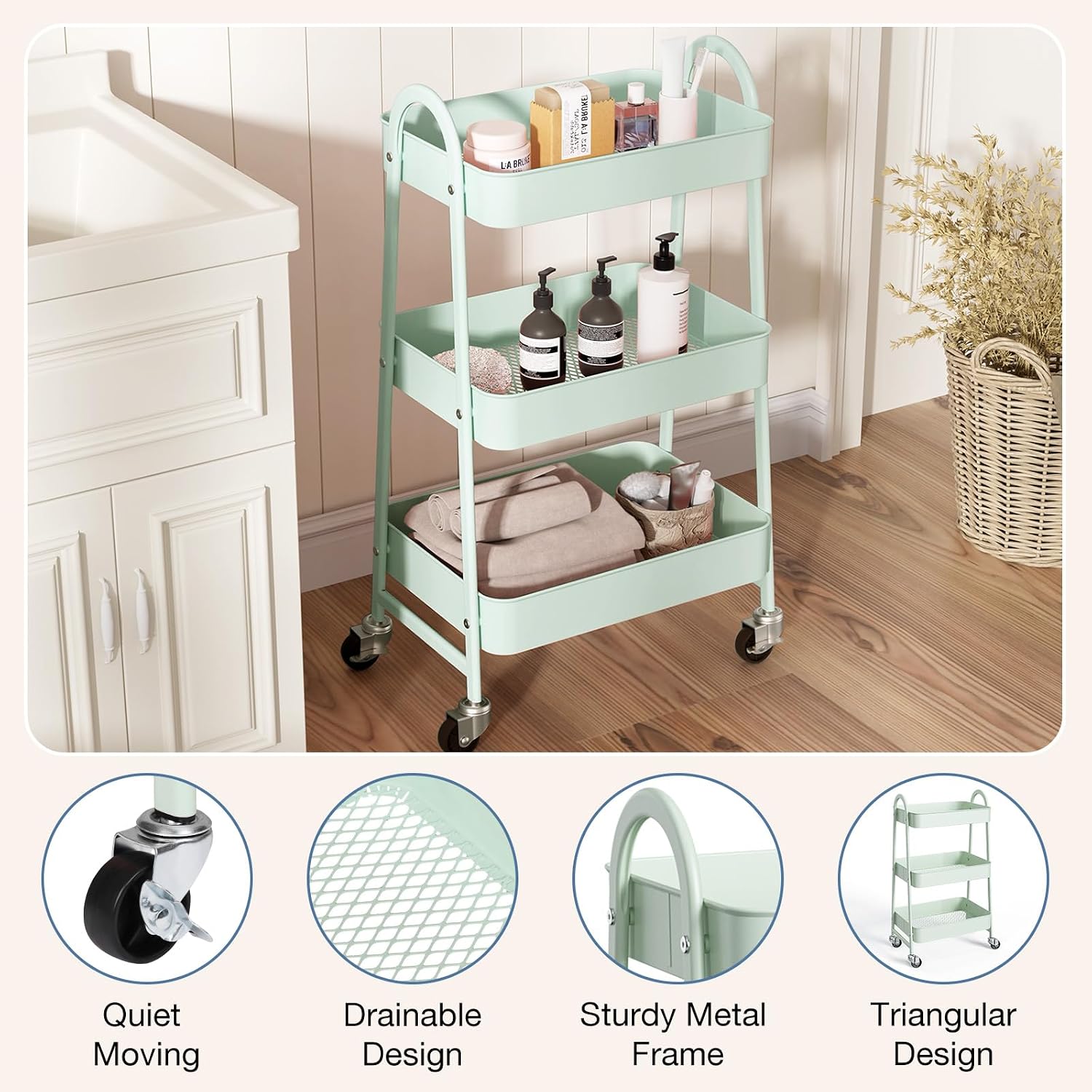Metal 3 Tiers Utility Rolling Cart