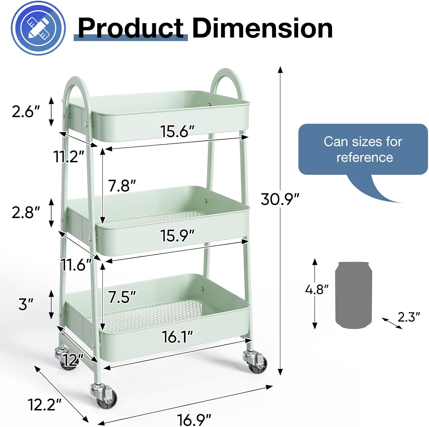 Metal 3 Tiers Utility Rolling Cart