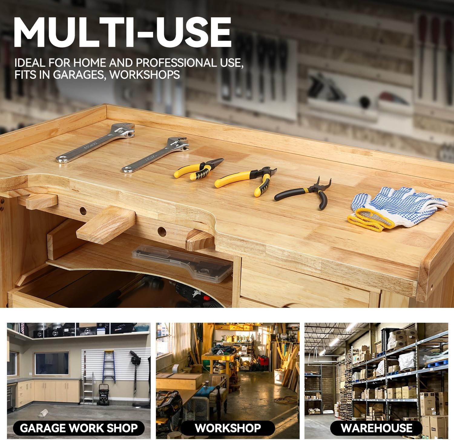 Rubber Wood 5-Drawer Workbench