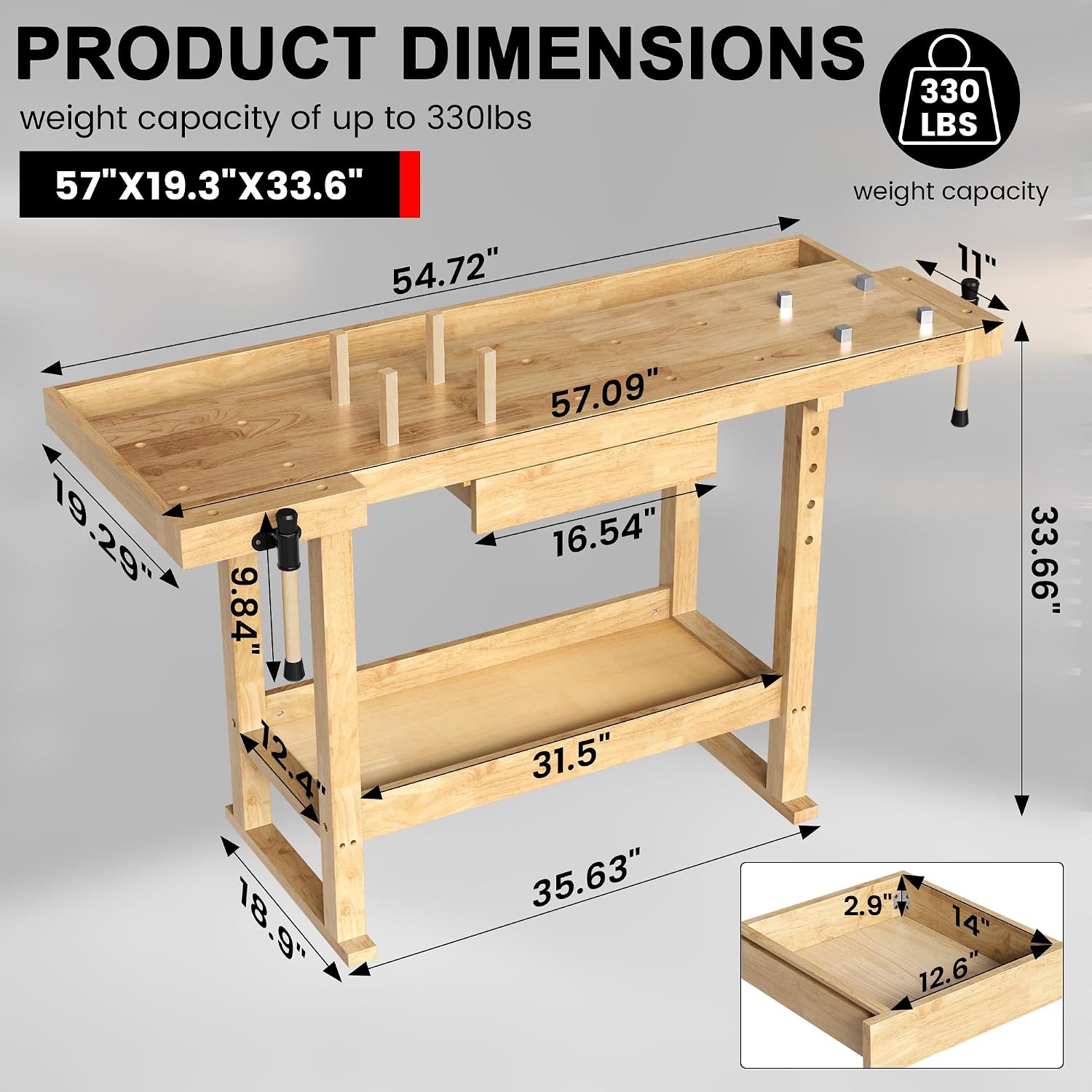 60" Solid Rubber Wood Workbench